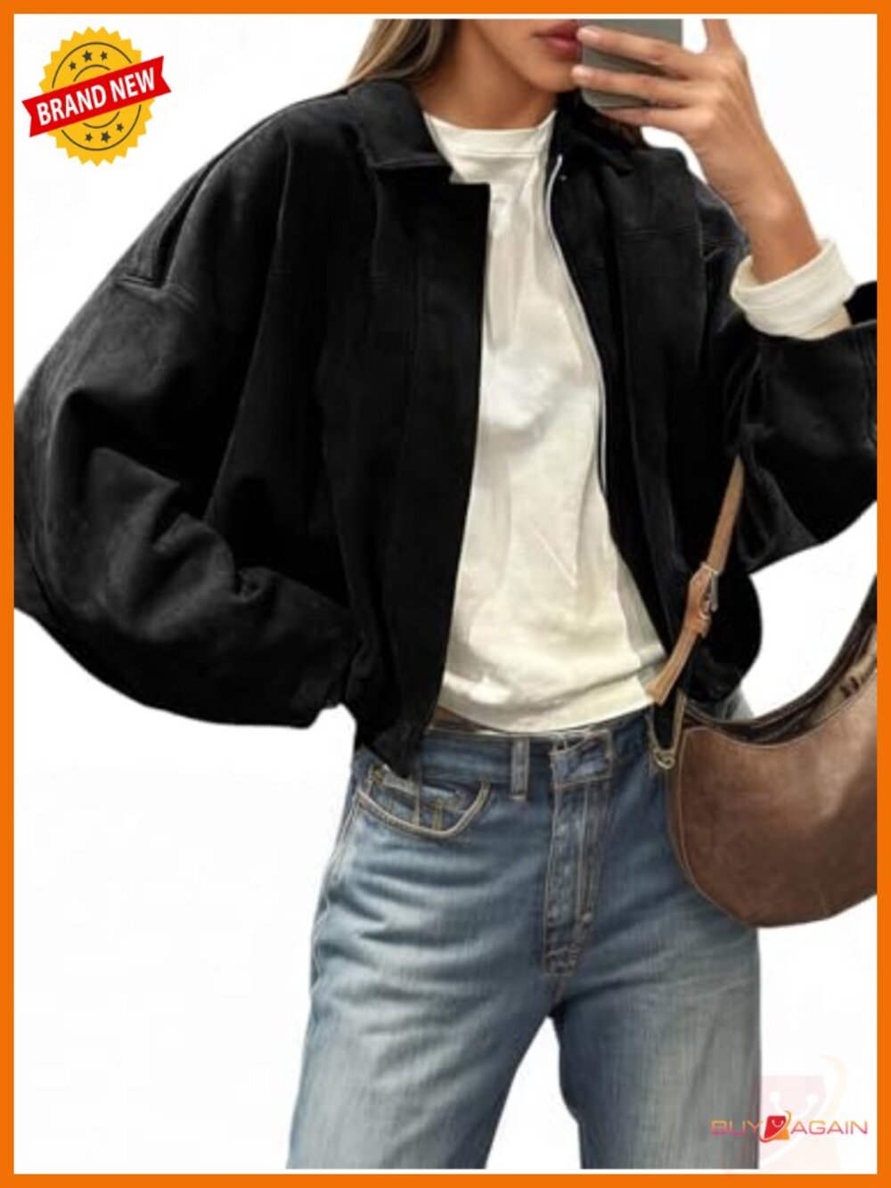 Faux Suede Bomber Jacket Oversized Cropped Zip Up Coat